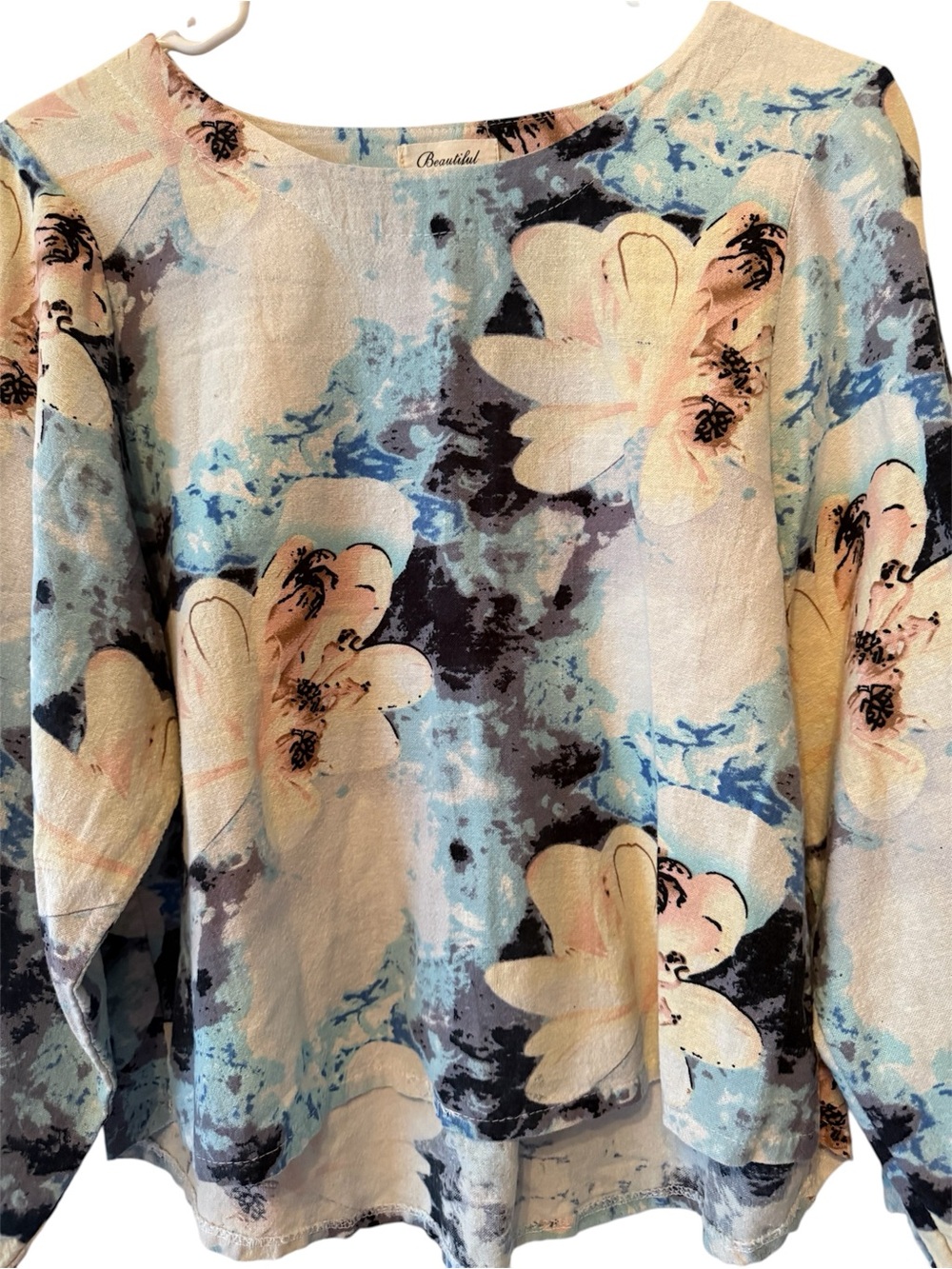 Beautiful Brand Floral Abstract Long Sleeve Blouse - Size Small - Blue/Cream - Picture 3 of 5